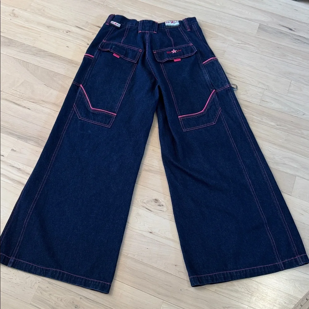 Women’s kik girl-kikwear Wide Leg Rave Jeans-Skater-Bright Pink Detail-90s-9 - Picture 7 of 10